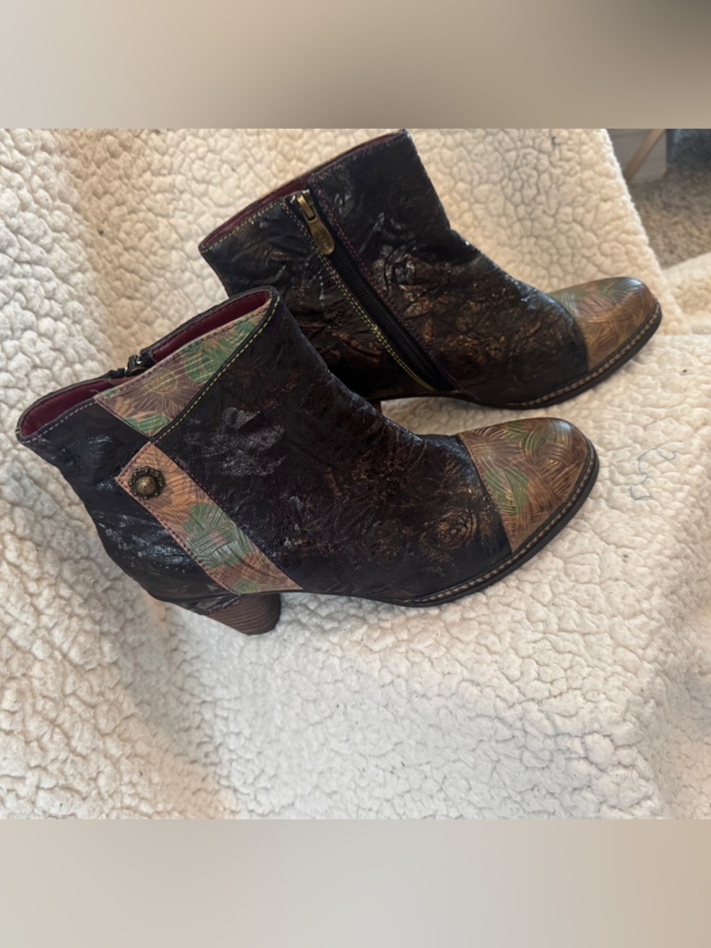 Spring Step Dark Brown Ankle Boots with Multicolor Patterned Accents